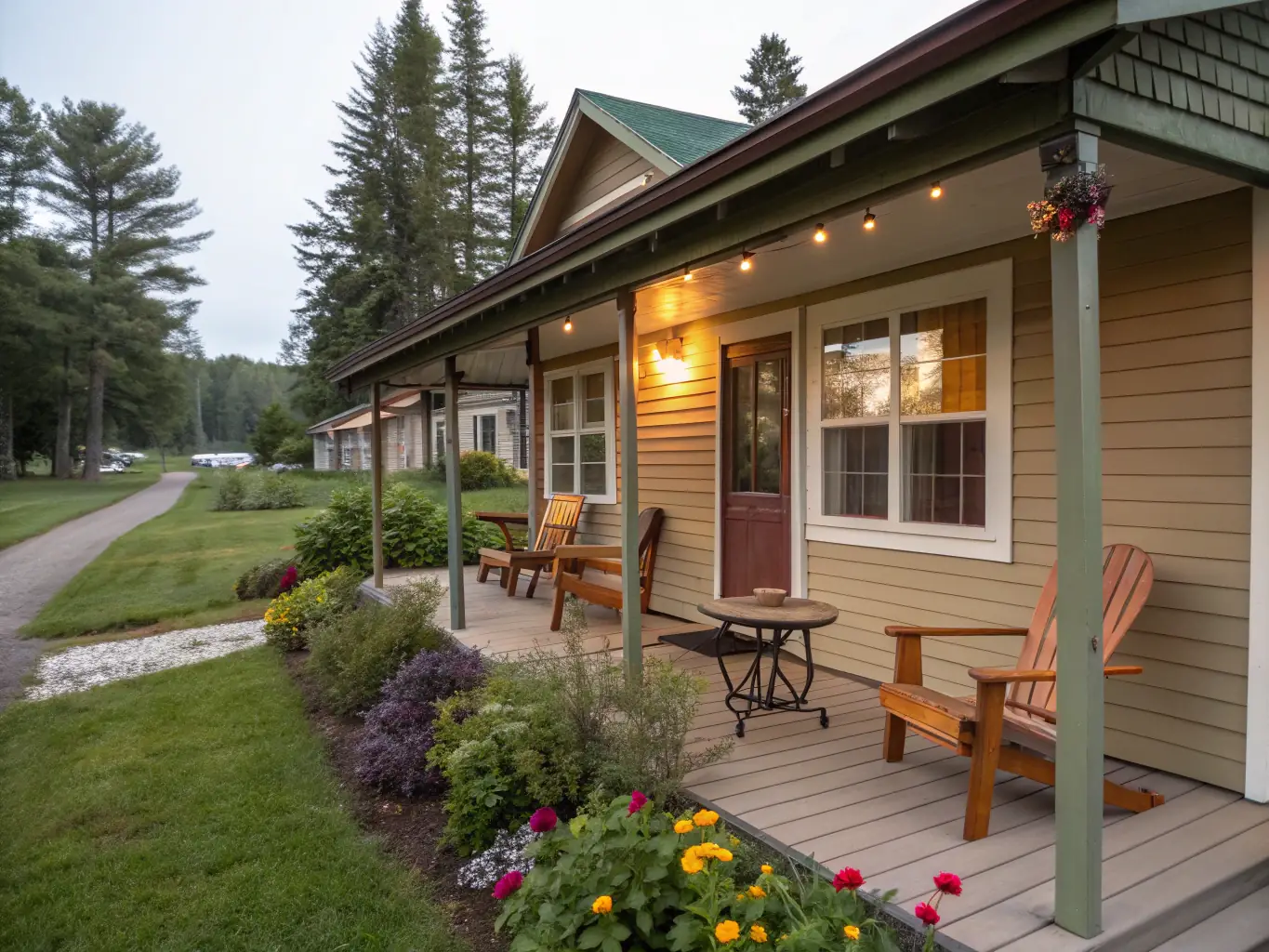 An exterior shot of a family suite cottage at Gateway Camp & Resort, featuring a spacious porch with comfortable seating and a well-maintained garden.
