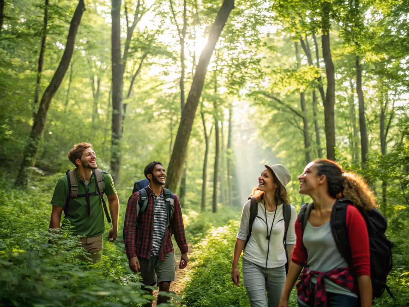 A group of hikers trekking through a dense jungle, surrounded by lush greenery and towering trees, highlighting the beauty of nature.