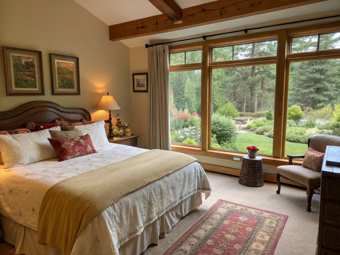 A beautifully decorated luxury cottage interior with a king-size bed, a cozy fireplace, and large windows showcasing a scenic mountain view at Gateway Camp & Resort.