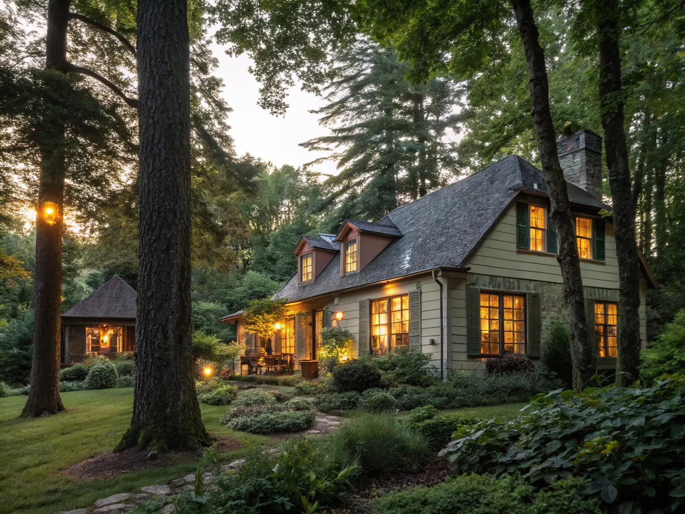 A cozy and rustic adventure cottage nestled in the woods at Gateway Camp & Resort, with a hammock strung between two trees and a campfire burning nearby.
