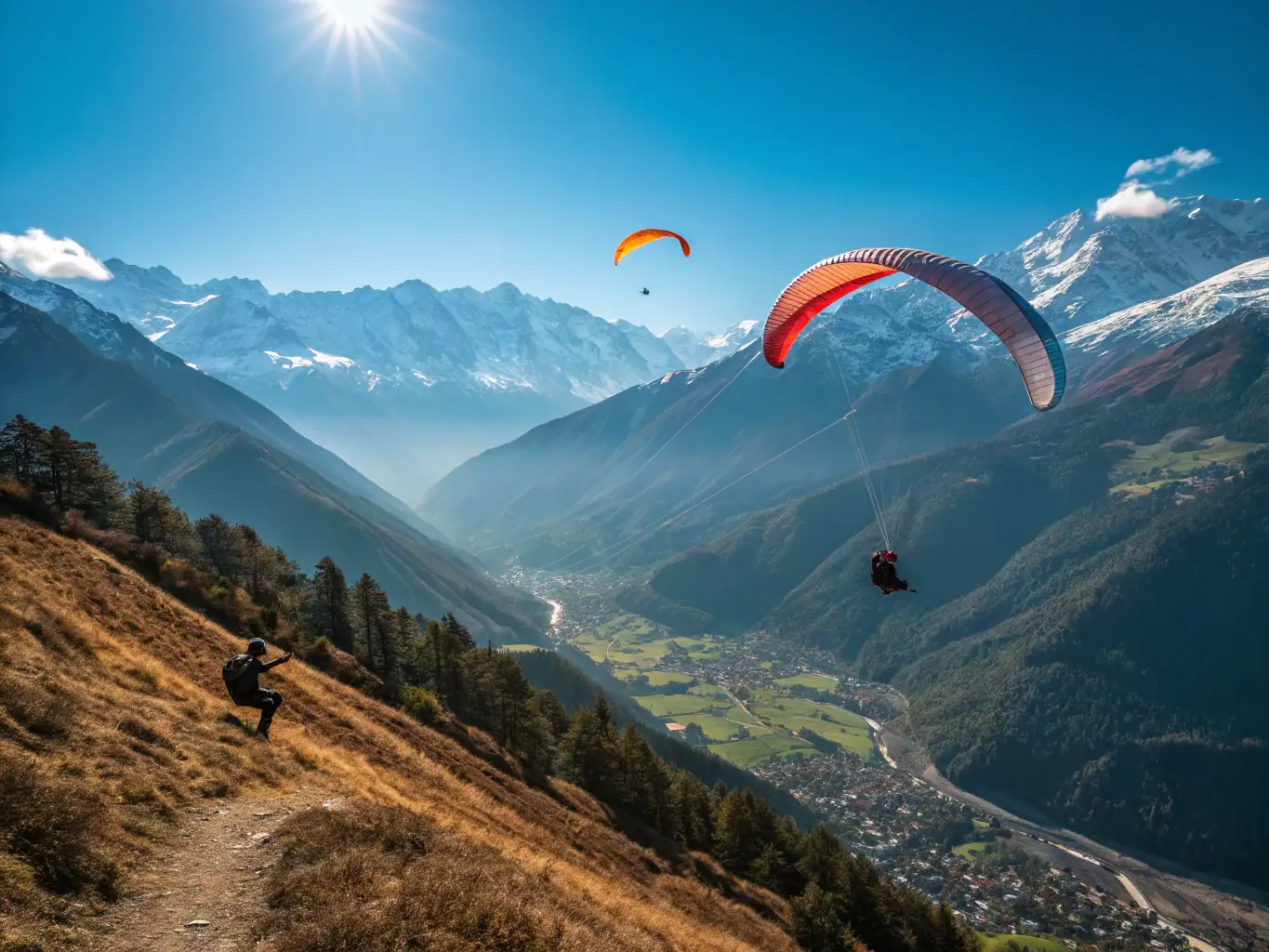 A panoramic shot of a paraglider soaring above the lush green valleys of Rishikesh, with the Himalayas in the background, conveying a sense of freedom and adventure.