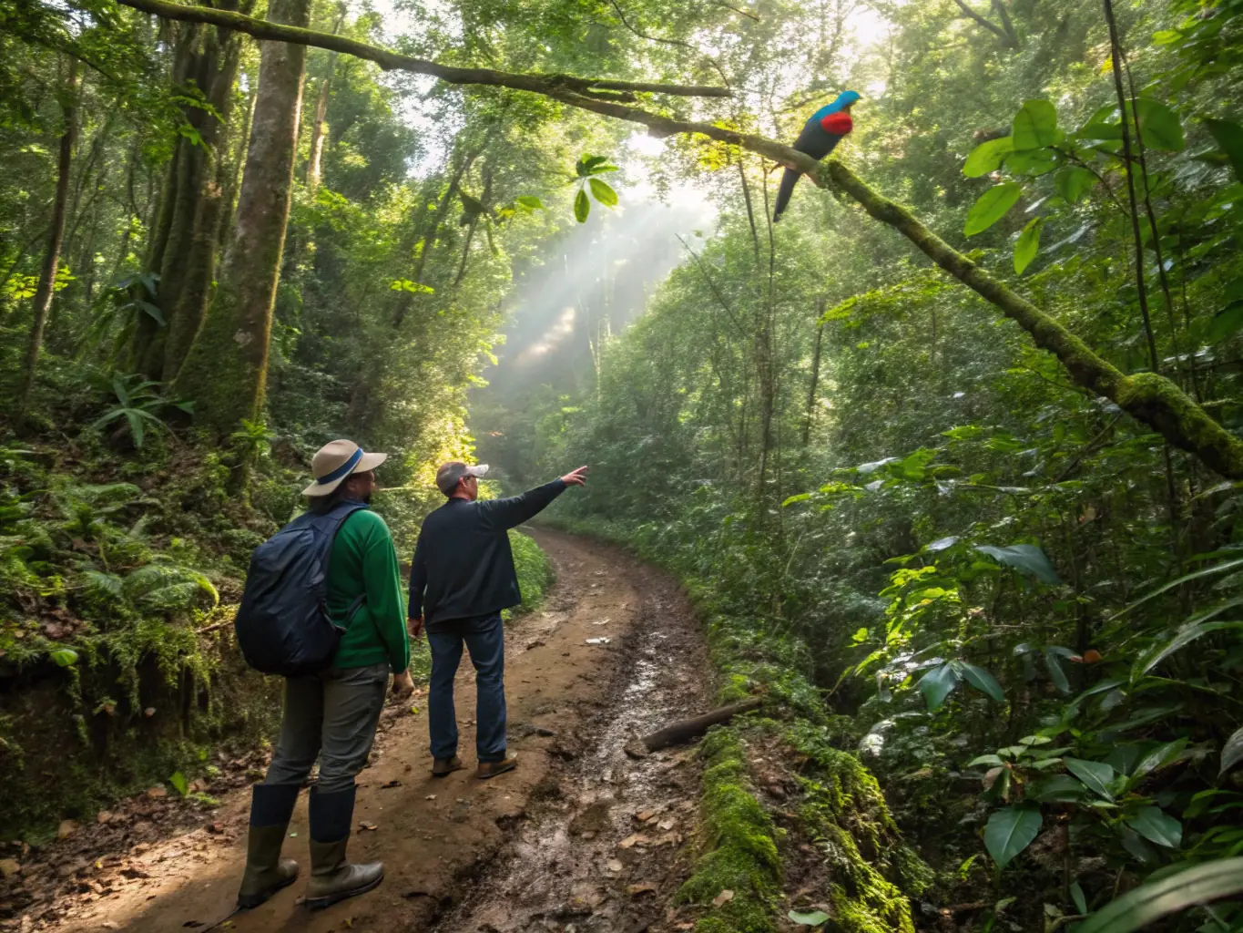 An image depicting a group of trekkers hiking through a dense jungle trail, surrounded by lush greenery and diverse flora, emphasizing the exploration and natural beauty.