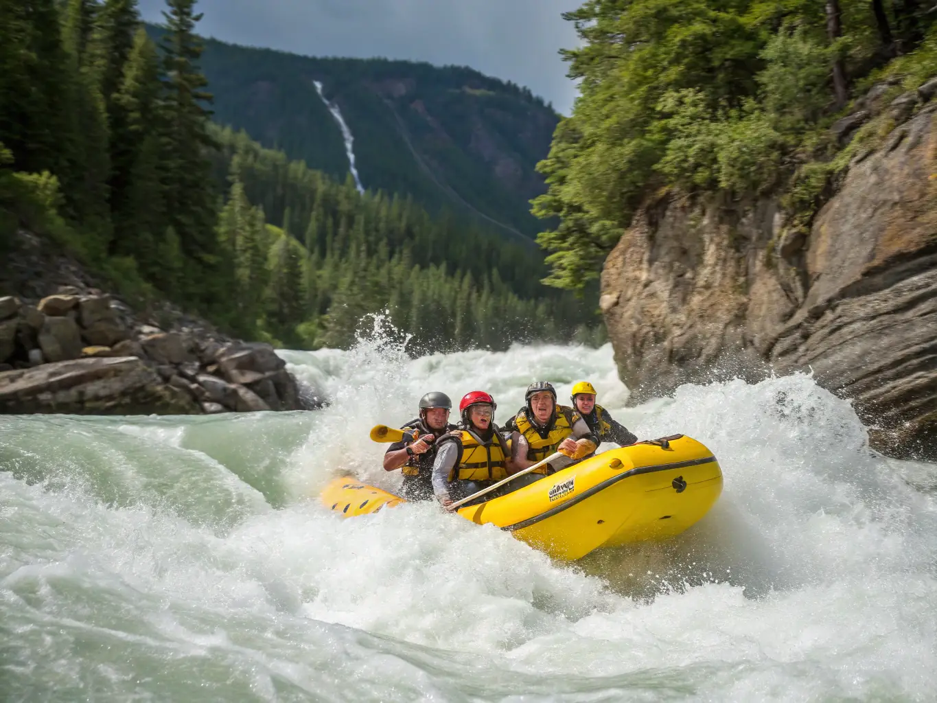 A vibrant image capturing the excitement of white-water rafting on the Ganges River, with participants paddling through the rapids, showcasing teamwork and adrenaline.