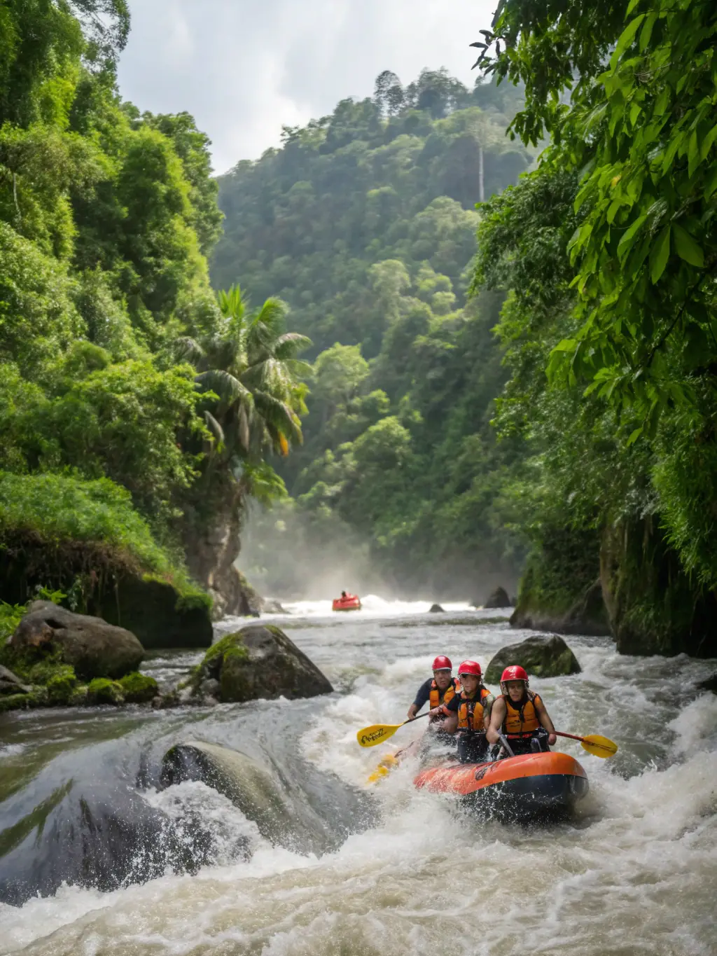 Adventurers enjoying white water rafting on the Ganges River, with Gateway Camp & Resort branding subtly visible in the background.